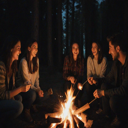 Blurry, candid photo of a group of friends gathered around a campfire at night, soft glow from the flames illuminating their faces, distant laughter filling the air, marshmallows roasting on sticks, shadows flickering on the trees surrounding them.