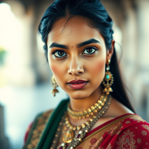 Generate a portrait of a young woman with captivating eyes, wearing traditional attire and intricate jewelry, set against a softly blurred architectural background, using a Canon EOS R5, aperture f/1.8, ISO 100, and a 50mm lens for a shallow depth of field and enhanced detail.