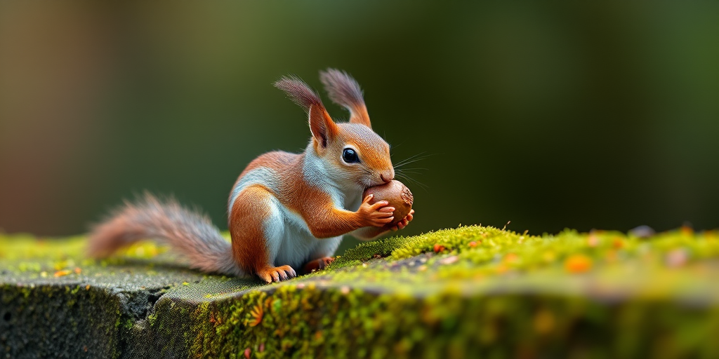 Capture a high-resolution image of a squirrel holding an acorn on a moss-covered wall, shot with a Canon EOS 5D Mark IV, 50mm lens, f/2.8 aperture, ISO 100, shutter speed 1/200 sec, with a shallow depth of field and soft background blur.