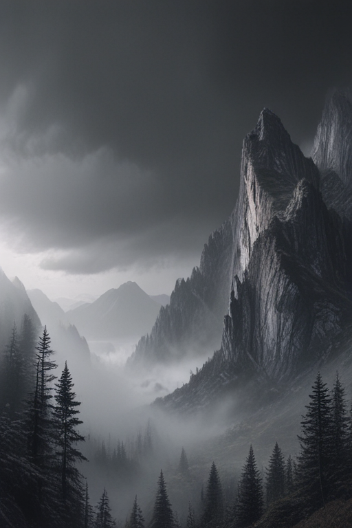 Majestic Mountains Shrouded in Mist Under a Dramatic Dark Sky