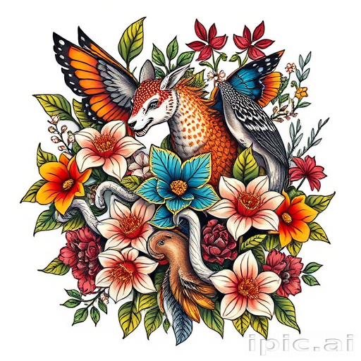 Neotraditional tattoo design known as "Floral Menagerie" combining bold outlines vibrant colors and stylized animals intertwined with lush flowers leaves and vines in a cohesive and eye-catching arrangement