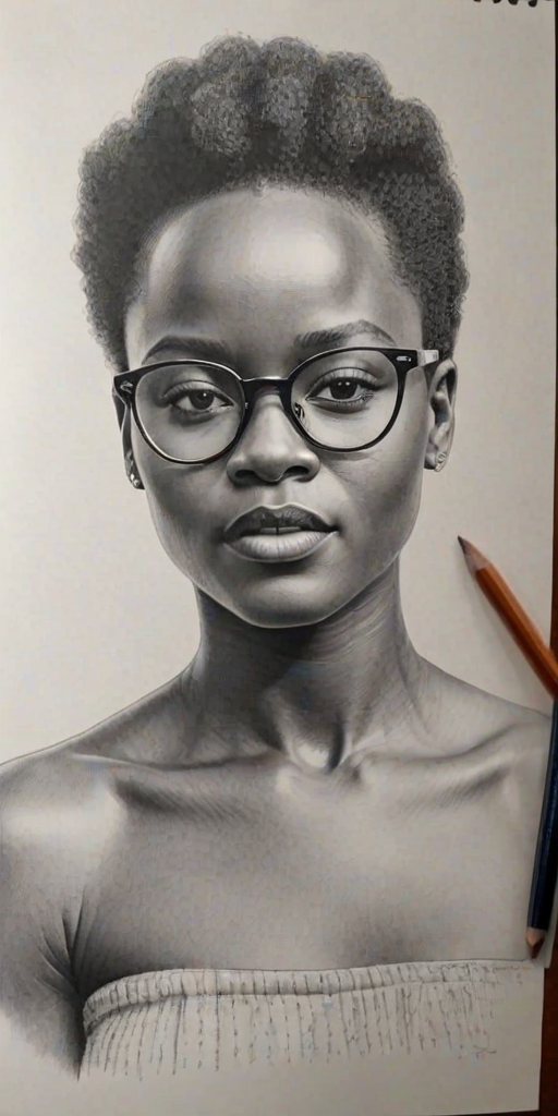 Magnificent Lupita Nyong'o, pencil sketch, portrait of Stunning woman 1967s in glasses, hair style beatnik, outline, clear lines, fine lines, 8k