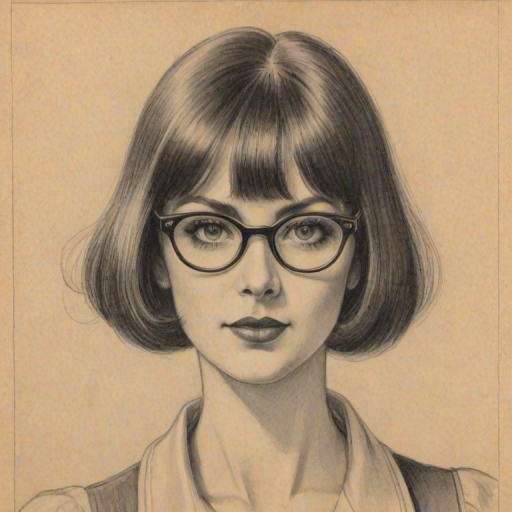 Gorgeous Elvira Lind, pencil sketch, portrait of Comely woman 1927s in glasses, hair style beatnik, outline, clear lines, fine lines, 8k