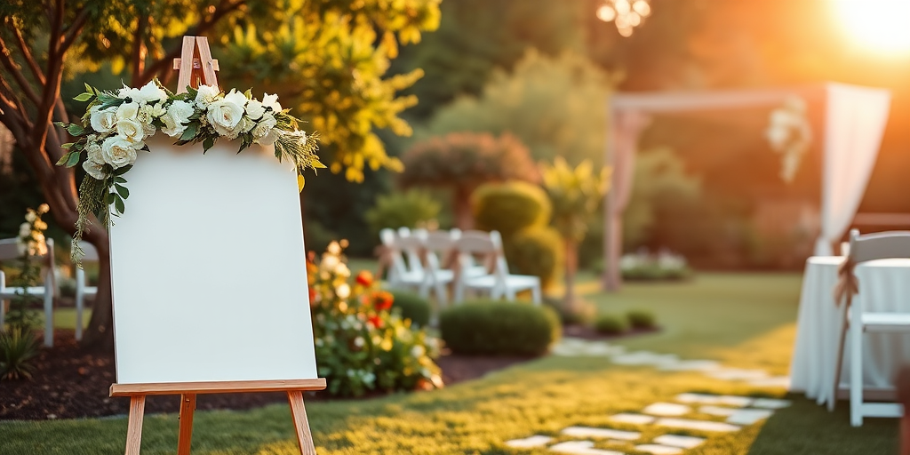 Capture a picturesque outdoor wedding scene featuring a blank easel adorned with white flowers, set against a lush garden backdrop during golden hour, using a DSLR camera with a 50mm lens, aperture f/1.8, ISO 100, shutter speed 1/200, and a slight vignette for depth.