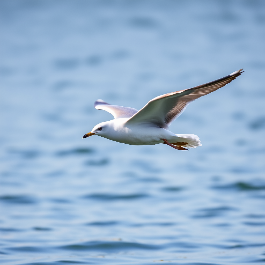 Capture a close-up shot of a seagull in flight above calm water, with shallow depth of field, f/4 aperture, ISO 200, 1/1000s shutter speed, using a DSLR camera with a 70-200mm lens, side view, natural lighting.