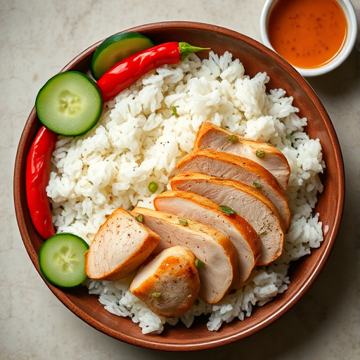 regenerate a high-quality image of a plate of chicken rice featuring sliced chicken, white rice, cucumber slices, a chili, and a small bowl of sauce, shot with a Canon EOS R5 at f/2.8, 50mm lens, overhead view, in natural light for vibrant colors and fine details