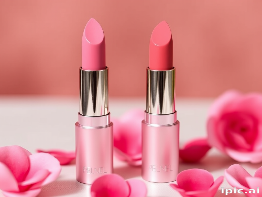 Elegant "Rose Petal" satin-finish lipstick in soft pink, infused with nourishing oils for a smooth application, perfect for romantic and feminine styles