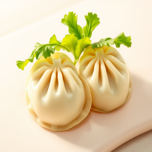 Create an enhanced illustration of two cartoon-style dumplings, placed on a light surface, with vibrant green lettuce leaves on top, using a high-resolution digital camera at f/4 aperture, ISO 100, with a macro lens for detailed close-up, soft lighting to highlight textures.