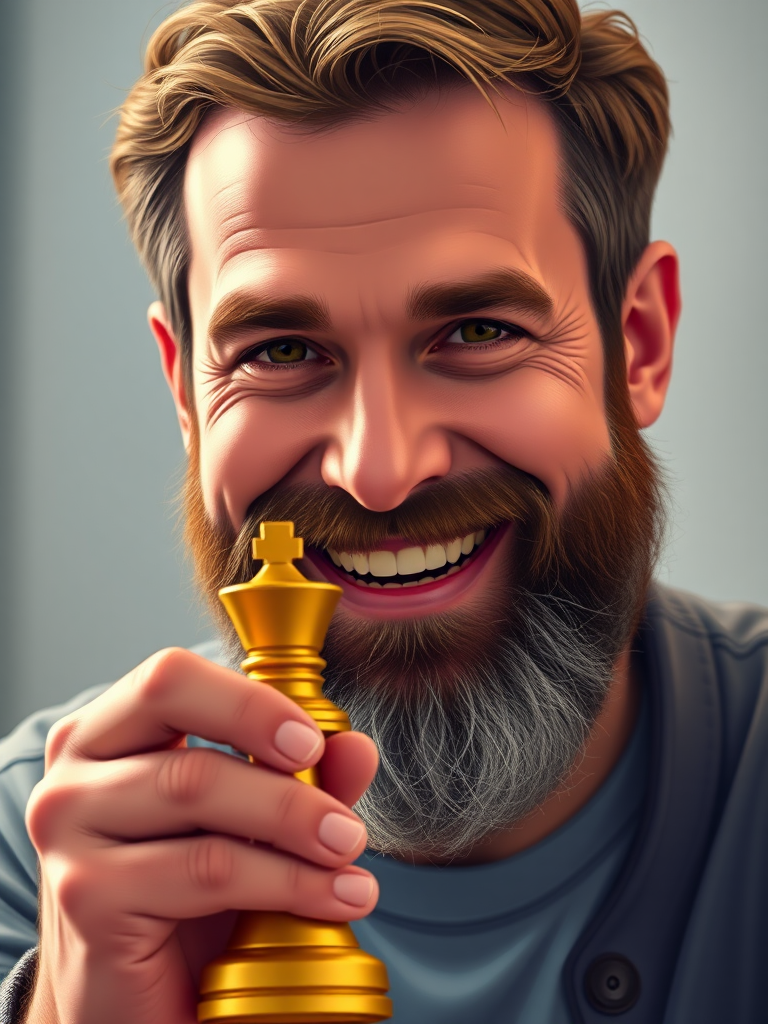 Create a high-resolution digital illustration of a smiling man with a beard holding a golden chess piece, using a Canon EOS R5 camera with a 50mm f/1.8 lens, aperture set to f/2.8, ISO 100, under soft studio lighting for enhanced clarity and color vibrancy, shot from a slightly elevated angle to focus on the chess piece and his expression in a vibrant color palette.