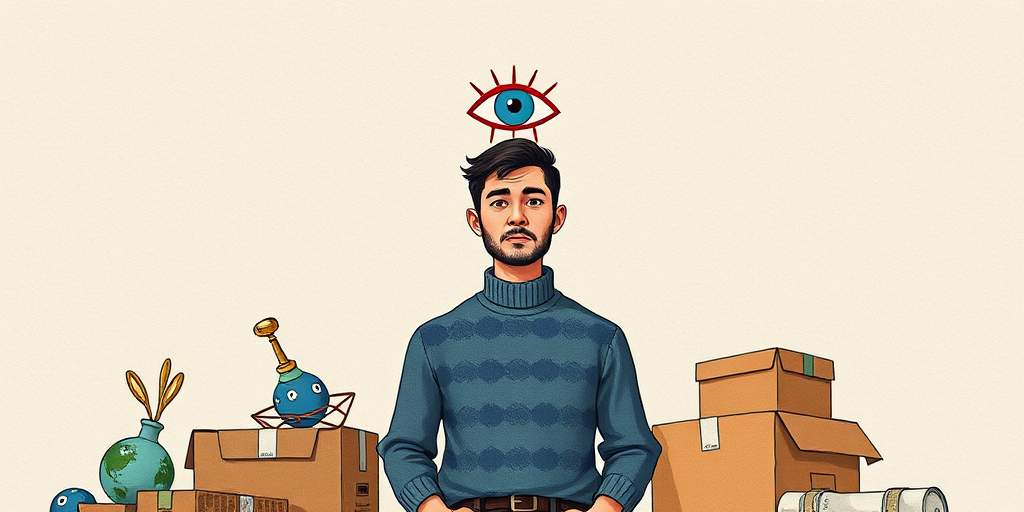 Create a high-quality illustration of a man in a sweater with an eye emblem standing on his head, surrounded by various objects like a ball and boxes, with a textured paper background, captured using a digital camera with a 50mm lens, f/2.8 aperture, 1/100s shutter speed, in natural light for a soft, clean look.