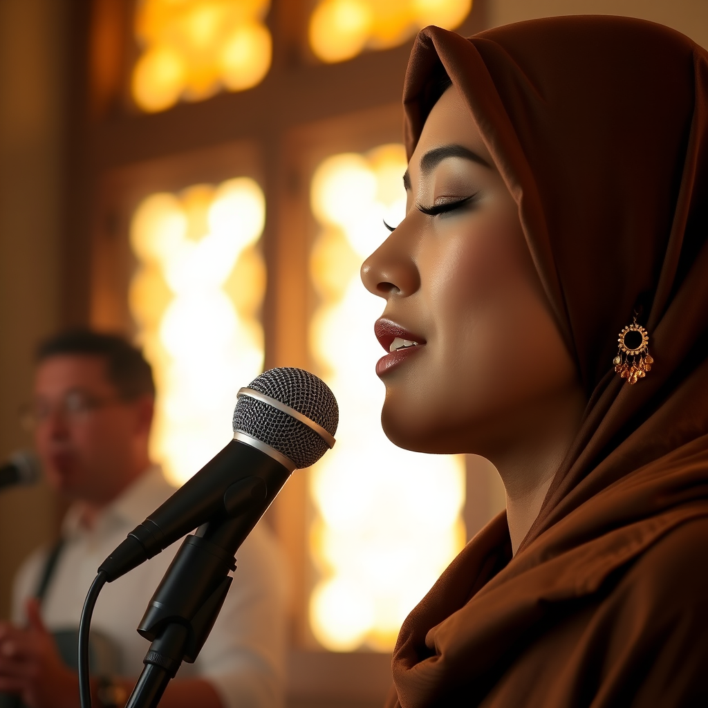 A close-up portrait of a asian woman with her eyes closed, singing into a microphone, positioned on the right side of the frame, facing the viewer. She is wearing a brown headscarf, gold earrings, and a brown blouse, and is bathed in warm, golden light emanating from the windows behind her. A blurred figure of a man singing into a microphone is visible in the background. The scene has a sense of calm and spirituality.