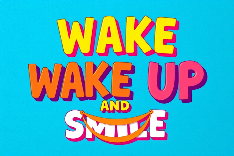 Create a vibrant graphic design with the text "WAKE UP AND SMILE" in bold, playful font, incorporating a stylized mouth illustration, in a bright color palette against a textured blue background, captured with a DSLR camera at f/2.8, ISO 100, 50mm lens, and shot from a slightly elevated angle for depth and emphasis.