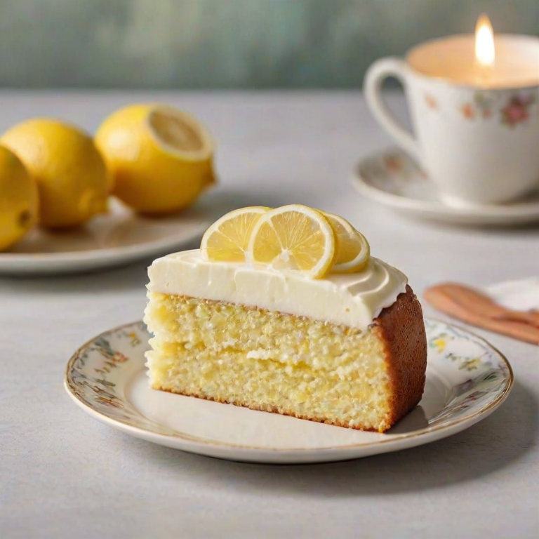 Regenerate an image of a slice of lemon cake with a creamy frosting topped with lemon slices on a decorative plate, with a blurred background featuring more cake in the distance. The setting should have a light, fresh aesthetic.