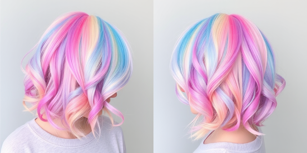 Whimsical pastel rainbow bob known as Unicorn Dream showcasing a harmonious blend of soft hues seamlessly melting together in a mesmerizing display of color reminiscent of cotton candy clouds