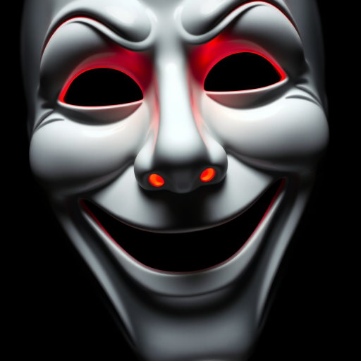 A detailed close-up image of a white theatrical mask characterized by unique features. It has crescent-shaped eyes that emit an ominous glowing red light, coupled with a broad smile that adds to its mysterious charm. The mask has a flat nose which blends naturally into its form. The mask is set against a stark black background, enhancing its striking white color. The eyes of the mask seem to mimic a full eclipse, creating an engaging dichotomy of darkness and light. The mask presents a traditionally masculine archetype with squinted eyes.
