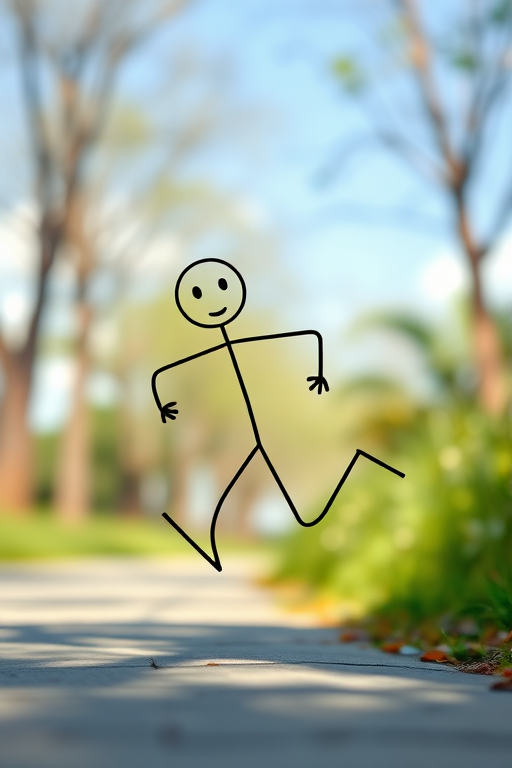 Create a highly detailed illustration of a stick figure running, with dynamic movement and expressive features, using a DSLR camera with a 50mm lens at f/1.8, ISO 200, and a shutter speed of 1/500s, in a well-lit outdoor environment with a shallow depth of field.