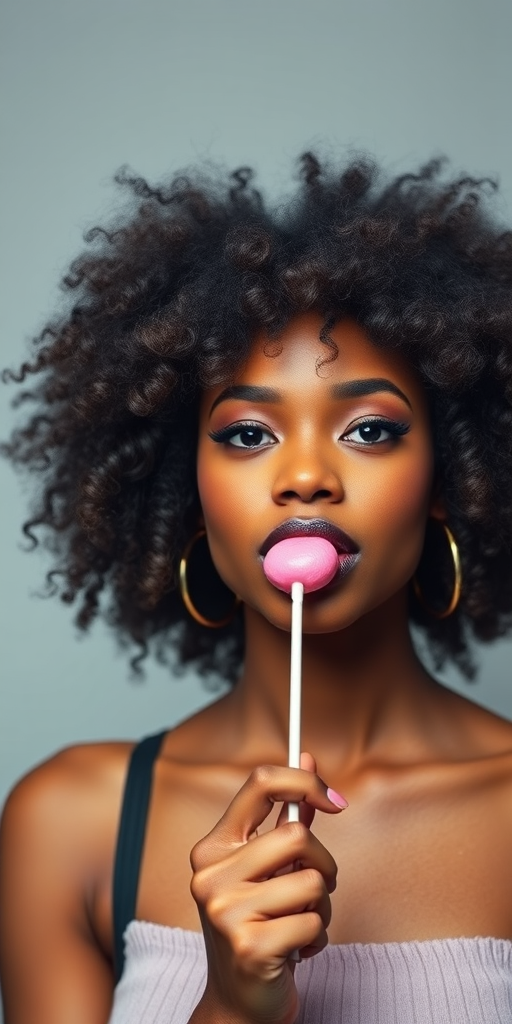 Create a high-resolution portrait of a woman with an afro hairstyle holding a pink lollipop, shot with a 50mm lens at f/1.8 aperture, ISO 200, in soft studio lighting, front view, using a DSLR camera.