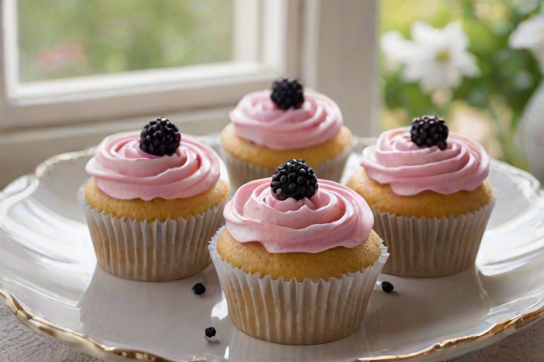 Generate an image of delicious cupcakes with swirls of pink and white frosting topped with fresh blackberries. The setting should have a bright and inviting atmosphere, showcasing the cupcakes on a decorative plate near a window.