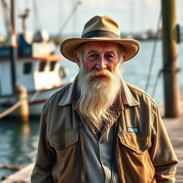 portrait of an old fisherman with a long white beard wearing a hat and rugged clothing standing on a wooden dock by the water with a fishing boat in the background, warm afternoon light, shallow depth of field, 50mm lens, f/1.8 aperture, ISO 100, natural lighting, high-resolution digital photography