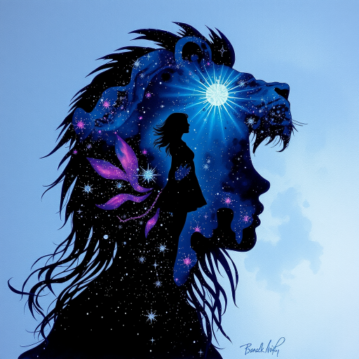 Captivating conceptual render alcohol ink art, double exposure, the paint strokes artfully merge combining a woman's full silhouette with a Jolly jellyfish's silhouette. The figures are composed of a series of colored dots, lines & spots that evoke the image of a cosmic galaxy, colors are deep shades of blue purple & black with flashes of white & silver representing distant stars. The woman's silhouette is formed within the lion's silhouette from constellations of scattered stars, surreal