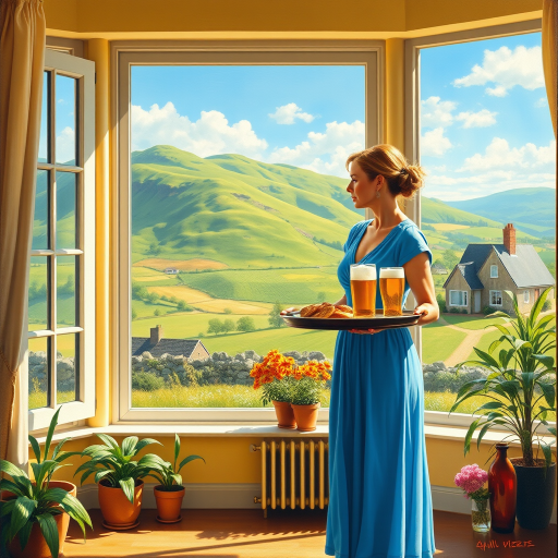 In "A Glass of Beer on the Highland," a serene scene is depicted in a sunlit room where a woman in a vibrant blue dress stands by a large window. She holds a tray with a hearty meal and a frothy glass of beer, embodying a moment of relaxation. Outside, the breathtaking highland landscape features rolling green hills and a charming traditional house, all bathed in warm afternoon light. The interior is adorned with potted plants, creating a harmonious blend of comfort and nature. The painting beautifully captures the tranquility and joy found in simple pleasures amidst stunning scenery