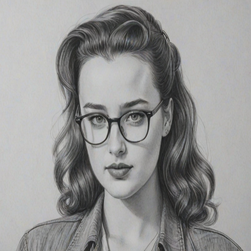 Appealing Katherine Langford, pencil sketch, portrait of Appealing woman 1945s in glasses, hair style beatnik, outline, clear lines, fine lines, 8k