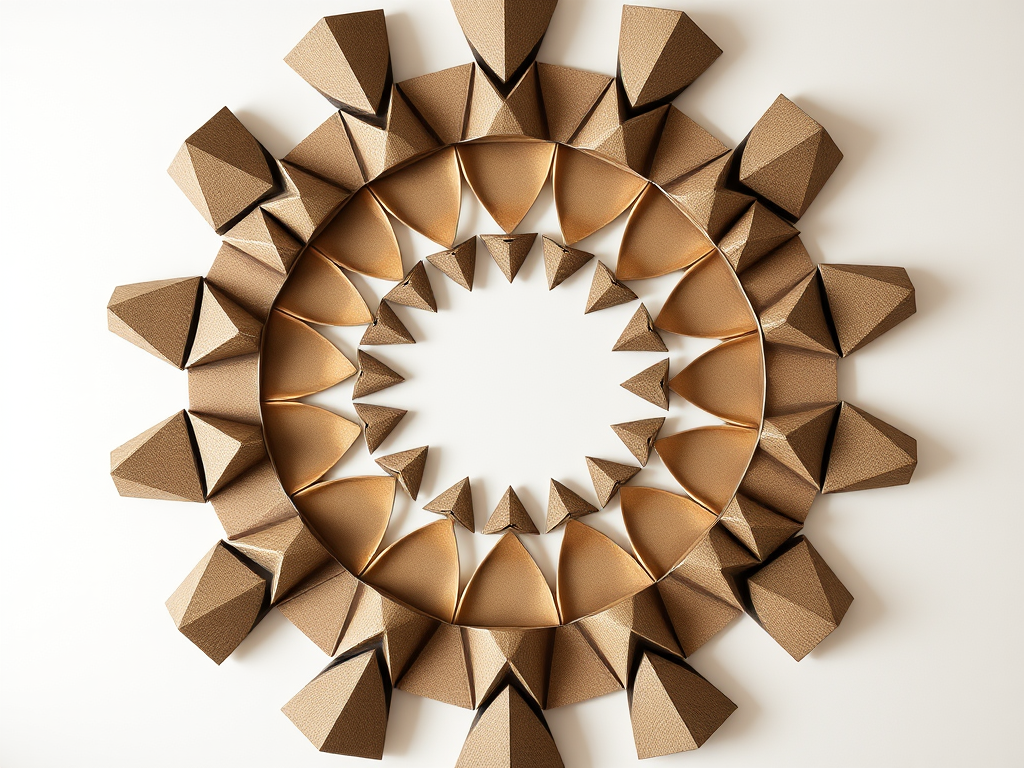 generate an image of a circular pattern made up of evenly spaced triangular shapes, using a DSLR camera with a 50mm lens at f/2.8, 1/200s shutter speed, ISO 100, top-down view with soft lighting for enhanced contrast and detail