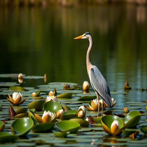 A heron standing among lily pads on a serene lake, captured with a Canon EOS 5D Mark IV, 85mm lens, aperture f/4, ISO 200, natural light, shallow depth of field, focus on the heron.