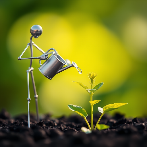 A metal figurine of a person, constructed from thin, silver rods, stands on the left side of the image, facing the viewer. The figurine is holding a small watering can and pouring water onto a young plant, with a few droplets in the air. The plant, with lush green leaves, is situated in the center, growing from dark soil. The background is a soft, out-of-focus blur of green, illuminated by warm, natural light.  The composition creates a sense of depth and intimacy. The image evokes feelings of growth, nurture, and hope.