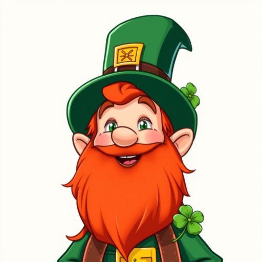 Generate a high-quality illustration of a cheerful leprechaun with a green top hat, vibrant red beard, and a clover, captured in a close-up view with a 50mm lens, f/1.8 aperture, ISO 200, natural lighting, and a cartoon style.