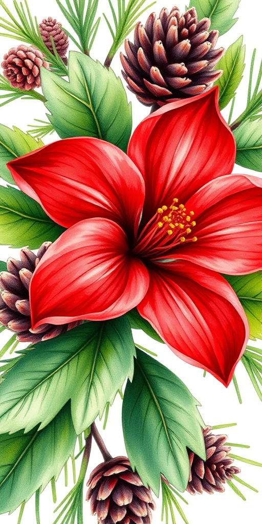 Create a high-resolution watercolor illustration of a vibrant red flower with green leaves and pinecones, shot with a Canon EOS 5D Mark IV at f/4, 1/200s shutter speed, ISO 100, in natural soft lighting for enhanced detail and depth.