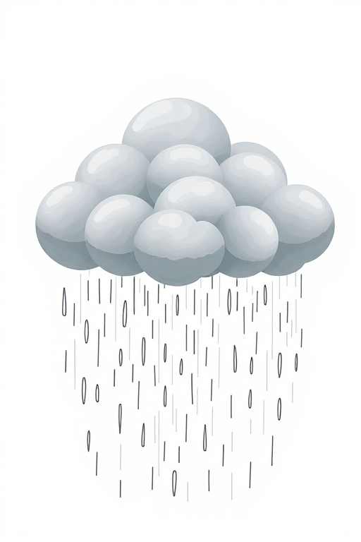 Create a high-resolution illustration of a gray cloud with rain droplets falling, using a DSLR camera with an aperture of f/4, ISO 100, and a focal length of 50mm, shot from a straight-on perspective with a vibrant, clear background to enhance details and colors.