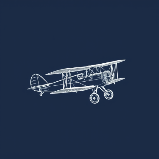 Regenerate image of a vintage biplane sketched in white outline against a deep navy background, using a DSLR camera with a 50mm lens, f/2.8 aperture, ISO 100, and a shallow depth of field to enhance details.