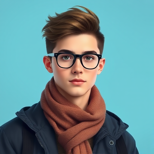 Create a digital illustration of a young man with glasses and styled hair, wearing a brown scarf and a black jacket, against a soft blue background, with vivid colors and smooth lines, captured in a dynamic portrait view using a DSLR camera with a 50mm lens at f/1.8, ISO 100, and natural lighting for enhanced detail and clarity.