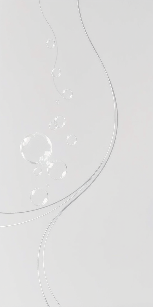 Create an abstract design featuring transparent bubbles and curved lines on a light gray background, using a high-resolution digital camera with a 50mm lens, f/1.8 aperture, 1/125 sec shutter speed, and soft natural lighting to enhance texture and depth.