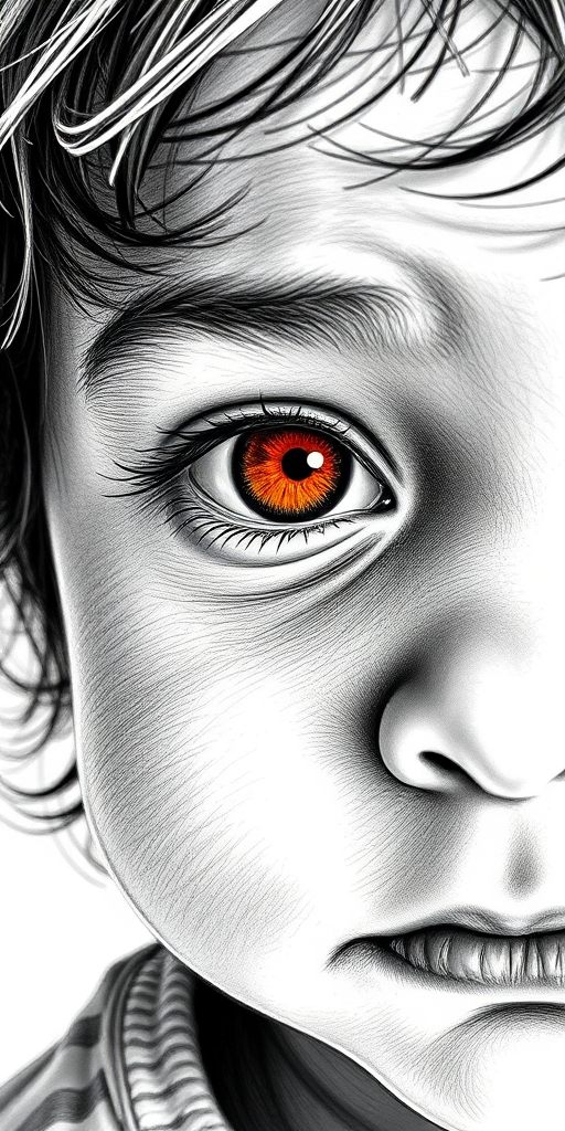 A hyperdetailed photorealistic black and white sketch of a beautiful toddler with deep orange eyes, with a macro focus