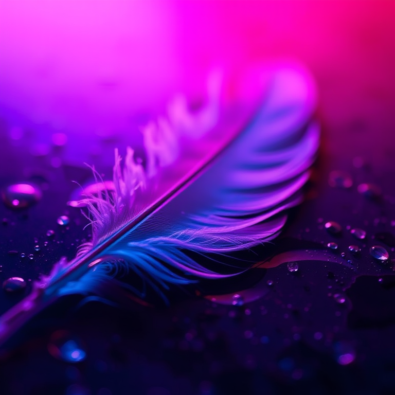 macro shot of a delicate feather resting on a wet surface, illuminated with vibrant pink and blue lighting, f-stop 2.8, shutter speed 1/100 sec, ISO 100, 100mm lens, taken with a DSLR camera from a low angle view to enhance texture and color contrast