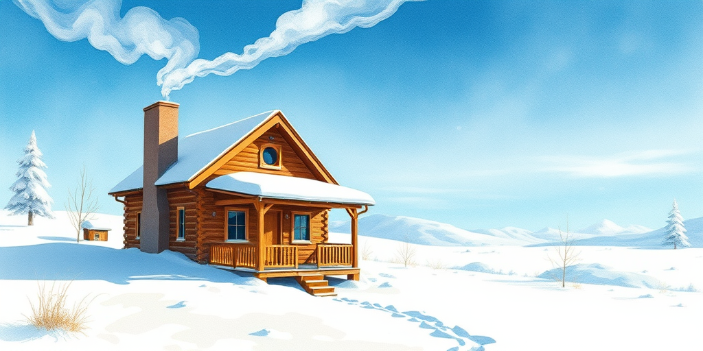 Regenerate a cozy wooden cottage in a snowy landscape with smoke rising from the chimney, bright blue sky in the background, mid shot, natural lighting, using a DSLR camera, aperture f/8, ISO 100, shutter speed 1/200 sec, with a watercolor illustration style.