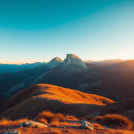Create a high-resolution image of a serene landscape featuring mountains and a clear blue sky during golden hour, captured with a Canon EOS R5, 35mm lens, f/8 aperture, ISO 100, using a wide-angle perspective for an expansive view.