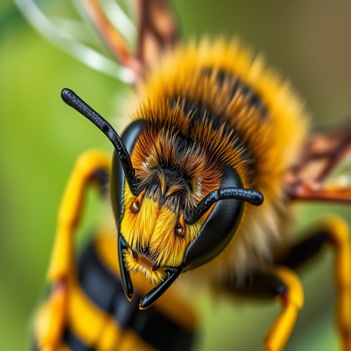 Create a detailed close-up of a stylized bee with bold yellow and black stripes and white wings, focus on sharpness and texture, using a macro lens with an aperture of f/2.8, ISO 100, 1/200 sec exposure, in natural light, captured with a DSLR camera.