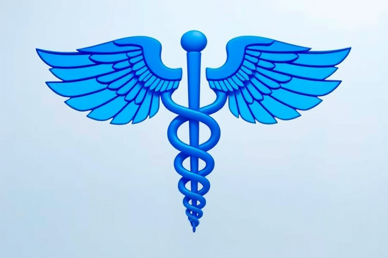 create a high-resolution image of a blue caduceus symbol with wings on a transparent background, using a Canon EOS 5D Mark IV with a 50mm lens, aperture f/2.8, ISO 100, and a shallow depth of field to enhance detail and clarity