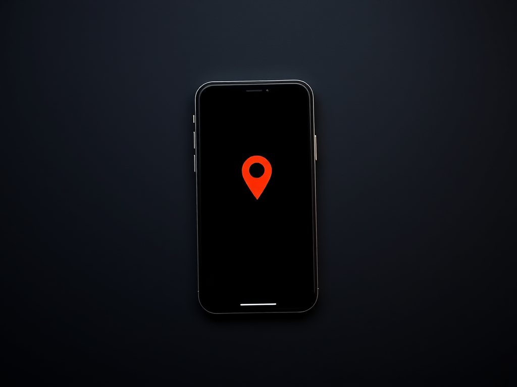Create an image of a smartphone with a location pin on a dark background, using a DSLR camera, 50mm lens, aperture f/1.8, ISO 100, in landscape orientation with soft lighting.