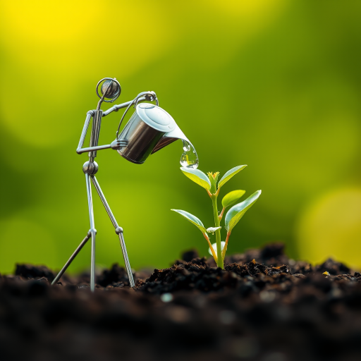 A metal figurine of a person, constructed from thin, silver rods, stands on the left side of the image, facing the viewer. The figurine is holding a small watering can and pouring water onto a young plant, with a few droplets in the air. The plant, with lush green leaves, is situated in the center, growing from dark soil. The background is a soft, out-of-focus blur of green, illuminated by warm, natural light.  The composition creates a sense of depth and intimacy. The image evokes feelings of growth, nurture, and hope.