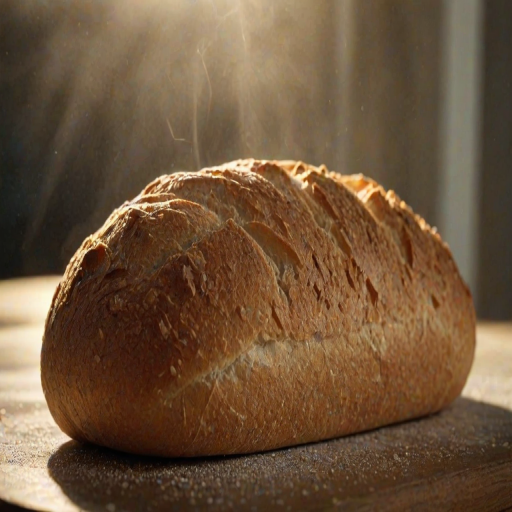 Sharp, high-resolution close-up of a freshly baked loaf of bread, golden crust crackling under the light, soft steam rising from a slice, the smell of warm dough filling the air, sunlight streaming through a nearby window.