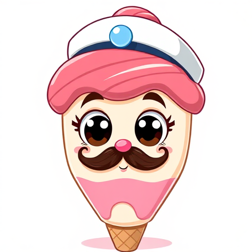 Create a cute cartoon ice cream character wearing a sailor hat and a mustache, with large expressive eyes, in a bright and colorful style, 50mm lens, f/2.8 aperture, shallow depth of field, high-resolution digital art.