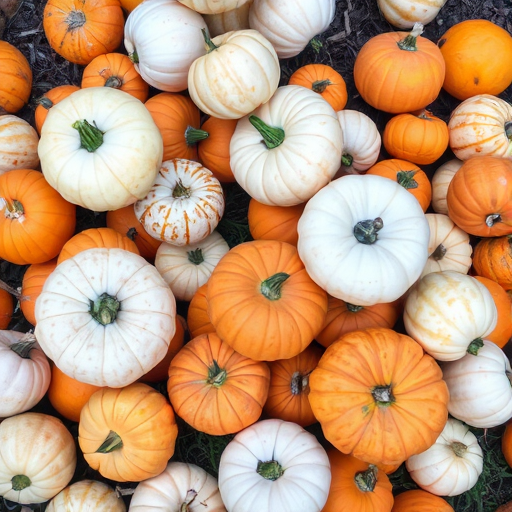 A collection of various pumpkins in shades of orange and white scattered on the ground with some green stems visible among them in a natural setting.