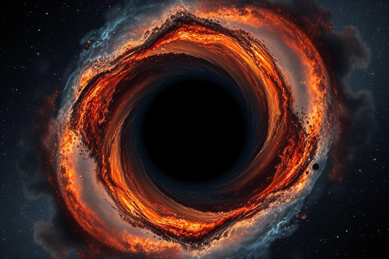 Create a vivid and detailed image of a black hole in space with spiraling gas and cosmic dust, using a Canon EOS R5, ISO 100, f/8 aperture, 30 seconds exposure, 24mm wide-angle lens, astrophotography style.