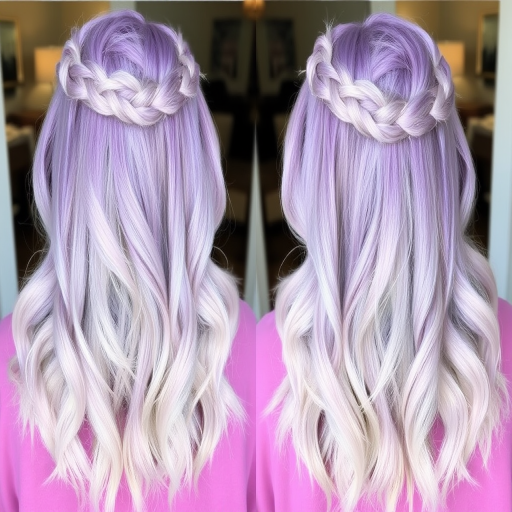 Pastel lavender ombré known as "Twilight Dream" gradually fading into silver tips, styled in loose beachy waves with a crown braid for whimsical charm