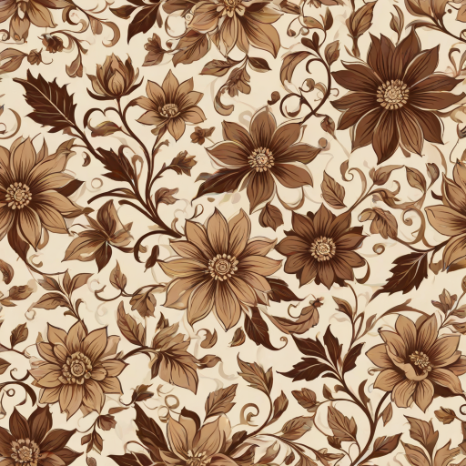 Create a seamless floral pattern featuring large brown and beige flowers with intricate designs, accompanied by smaller flowers and gentle vines on a light beige background.