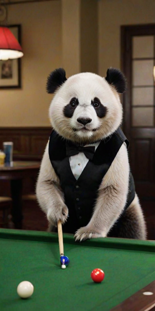 This high-resolution photograph captures a charming panda named Huahua, depicted with her distinctive black and white fur, at a billiards table. Huahua stands on her hind legs, gripping a cue stick with her paws, ready to take a shot. She's wearing a small, stylish vest and bow tie, adding a touch of sophistication to her adorable appearance.